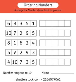 Ordering numbers worksheet. Arrange the numbers from least to greatest. Number range up to 10. Math. Vector illustration
