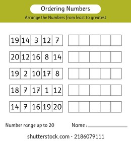 Ordering numbers worksheet. Arrange the numbers from least to greatest. Number range up to 20. Math. Vector illustration
