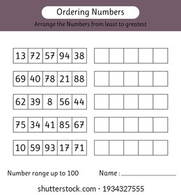 Ordering numbers worksheet. Number range up to 100. Arrange the numbers from least to greatest. Mathematics. Vector illustration