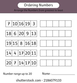 Ordering numbers worksheet. Number range up to 20. Arrange the numbers from greatest to least. Mathematics. Vector illustration