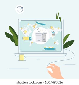 Ordering online and delivery concept. Hand on a computer mouse ordering a package. Laptop computer screen. Cargo shipping, cargo plane, truck delivery, container, boat delivery, logistics. Flat style