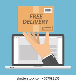 Ordering online and delivery concept. Hand holding cardboard package with free delivery text on it on a laptop computer screen. Flat style