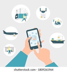 Ordering online and delivery concept. Hands holding smartphone and ordering a package. Cargo shipping, cargo plane, truck delivery, container, logistics, global transportation. Vector flat design