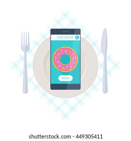 Ordering online donut by phone via internet. Flat vector concept illustration. Kitchen utensil, smartphone with donut icon and order button on a screen. Design elements for food delivery infographics.