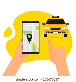 Ordering online taxi on smartphone vector illustration, flat carton design of mobile phone, taxicab in bubble, city map location destination, person calling or taking taxi in cellphone isolated.