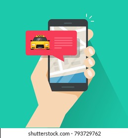 Ordering online taxi on smartphone vector illustration, flat cartoon design of mobile phone, taxicab in bubble, city map location destination, person calling or taking taxi in cellphone isolated