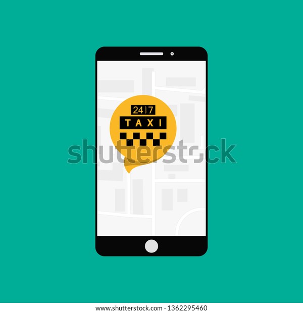 Ordering online taxi on smartphone vector\
illustration, flat carton design of mobile phone, taxicab in\
bubble, city map location destination, person calling or taking\
taxi in cellphone\
isolated