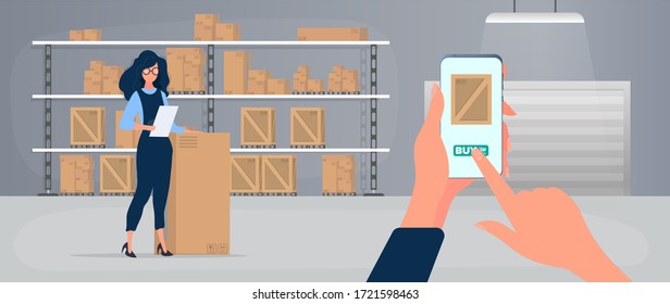 Ordering a package via phone. Online ordering goods from stock. Large warehouse with drawers. Rack with drawers and boxes. Carton boxes. Vector.