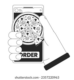 Ordering pizza by smartphone bw concept vector spot illustration. Hand holding phone. Food ordering app 2D cartoon flat line monochromatic hand for web UI design.editable isolated outline hero image