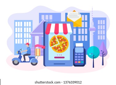 Ordering pizza online by mobile phone, delivery by courier, various payment methods, and payment through the terminal. Vector illustration.