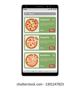 Ordering pizza online using a phone on a white background. Vector illustration.