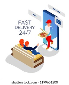 Ordering pizza online via smartphone and delivery 24/7. Pizza courier in uniform with hot tasty pizza in hand. Isometric 3d