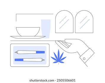 Ordenar Ilustraciones vectoriales de dibujos animados aislados de junta prelaminada. El camarero sirve porros pre-enrollados en cafetería, vida urbana, cannabis recreativo, marihuana legalizada, caricaturas de Vectores de marihuana.