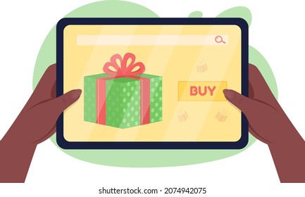 Ordering present for Christmas 2D vector isolated illustration. Purchase gifts on internet. Online shop flat first view hand on cartoon background. Preparation for festive holidays colourful scene