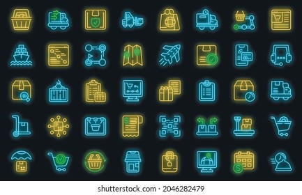 Ordering process icons set. Outline set of ordering process vector icons neon color on black