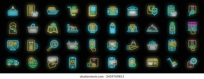 Ordering process icons set outline vector. Delivery box. Export free neon color on black