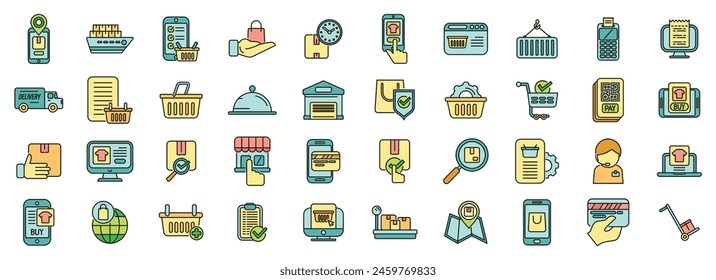 Ordering process icons set outline vector. Delivery box. Export free thin line color flat on white