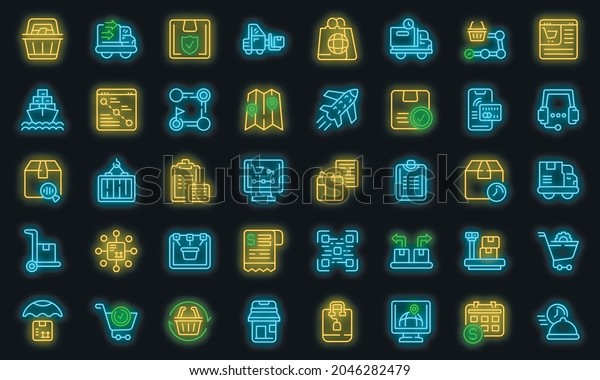 Ordering process icons set. Outline\
set of ordering process vector icons neon color on\
black