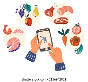 Ordering products by phone. Sharing food online with mobile app. Products for any choice. Healthy food, fish meat vegetables and fruits. Flat vector illustration isolated on white background