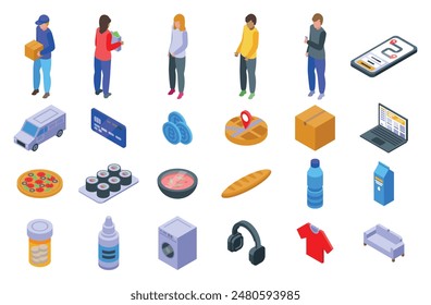 Ordering products home icons set. Delivery service isometric icons set showing food delivery, online shopping and courier delivering parcel