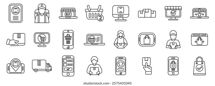  Ordering products home icons set. Set of linear icons representing online shopping and delivery services, featuring various devices, delivery personnel, and shopping related symbols