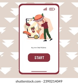 Ordering restaurant food and ready meals online concept for mobile app. App interface design with client receiving delicious meals delivered straight to door, flat vector illustration.