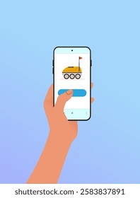 Ordering a robot delivery by mobile application. Flat cartoon illustration. Hand with a smartphone.
