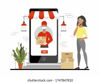 Ordering secure courier delivery online, through the mobile application. The girl on the phone chooses delivery. Vector isolated illustration in a flat style.