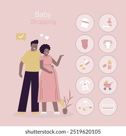 Encomendar, fazer compras de coisas para bebês durante a gravidez. Mulher grávida com marido procurando e pedindo roupas e acessórios para bebê recém-nascido. Casal de amor, período pré-natal. ilustração vetor plana