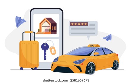 Ordering taxi application. Yellow car and luggage near smartphone. Mobile application for tourists and travelers. Carsharing and booking room on internet. Flat vector illustration