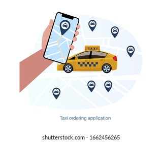 Ordering a taxi, booking a car, geolocation, working in a taxi, routing, mobile application for finding a taxi. Transfer to the airport or train station. Illustration in a flat style.