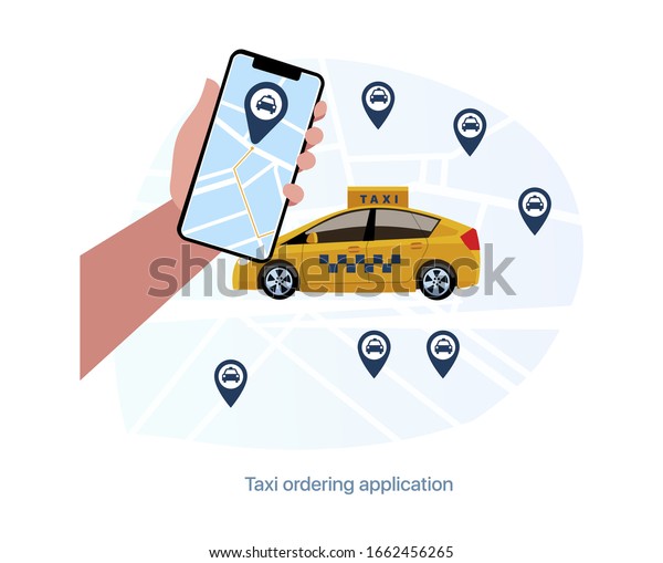 Ordering a\
taxi, booking a car, geolocation, working in a taxi, routing,\
mobile application for finding a taxi. Transfer to the airport or\
train station. Illustration in a flat\
style.