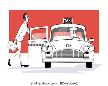 Ordering taxi car. Man gets into a retro taxi car. Businessman rushing to meeting. Vector illustration. Retro illustration in sketch style.