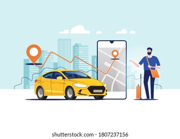 Ordering taxi car, rent and sharing using service mobile application. Vector illustration.