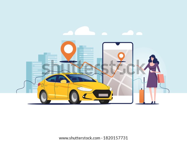 Ordering taxi car, rent and sharing using\
service mobile application. Vector\
illustration.