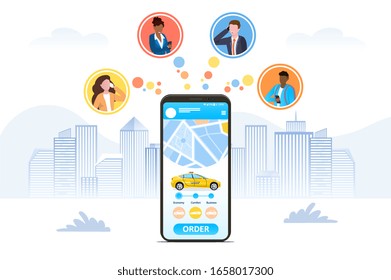 Ordenar un taxi en línea utilizando una aplicación de llamada representada en una pantalla de teléfono móvil con iconos para cuatro empresarios de una ciudad utilizando la aplicación, ilustración vectorial de color