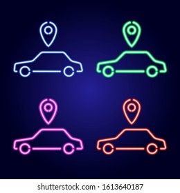 Ordering taxi, passenger car icon and geolocation from glowing blue, red, pink and green neon luminescence lines, mixed media, classic blue background. Vector illustration. Set of parts.