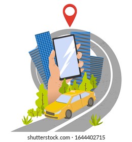 Ordering taxi. Rent or sharing service mobile application. Smartphone in hand and GPS route point. Skyscrapers with rounded road. Isolated on white background. Vector cartoon illustration