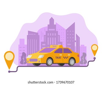 Ordenar la ruta de los taxis y la ubicación de los puntos en una ciudad.El coche de taxis amarillos y el paisaje urbano.El perfil de la ciudad de navegación GPS con rascacielos.Tráfico callejero.Vector de ilustración de vehículos de transporte urbano.