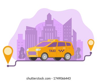 Ordenar la ruta de los taxis y la ubicación de los puntos en una ciudad.El coche de taxis amarillos y el paisaje urbano.El perfil de la ciudad de navegación GPS .El tráfico de la calle.Vector de ilustración.