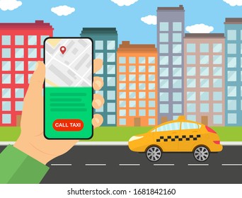 Ordering a taxi through the mobile application, against the backdrop of the city. Taxi car