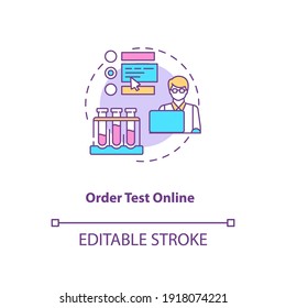 Ordering test online concept icon. Lab test ordering step idea thin line illustration. Home blood testing kit. Monitoring health conditions. Vector isolated outline RGB color drawing. Editable stroke