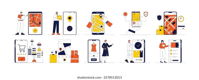 Ordering various products with navigation paths determined by the shipping service, vector illustration.