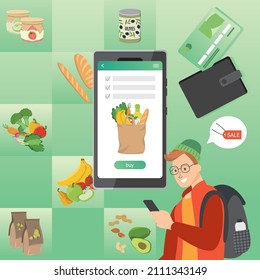 Ordering vegan food via the Internet. Vector illustration on the topic of an online store and online grocery shopping.
