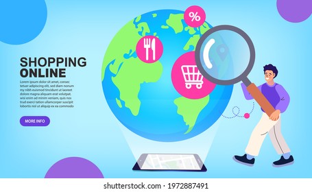 Ordering World Wide Delivery. Easy and Convenient Shopping Online Flat Vector Concept with Male Customer. People around the world make purchases using online stores staying on the Earth. Vector