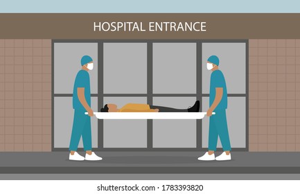 Orderlies in medical masks hold a stretcher with a female character near the entrance to the hospital