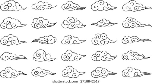 Una matriz ordenada muestra veinte formas de nube en un monocromo lineal simplista. Las nubes representan varias formas, se alinean perfectamente y se establecen en un fondo transparente para mejorar la utilidad.