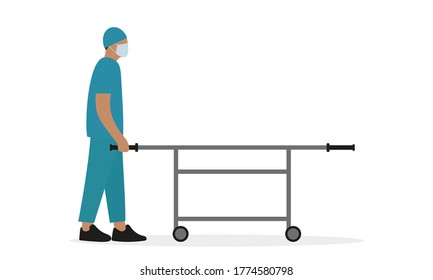 Orderly in uniform and medical mask with a wheeled stretcher on a white background