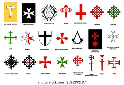 Orders of chivalry vector design of military and religious orders of knights. Medieval knights heraldic emblems with crosses, fleur-de-lis, swords and shields, sun and stars, heraldry themes