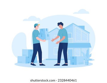 Orders are delivered to the house, couriers deliver orders trending concept flat illustration